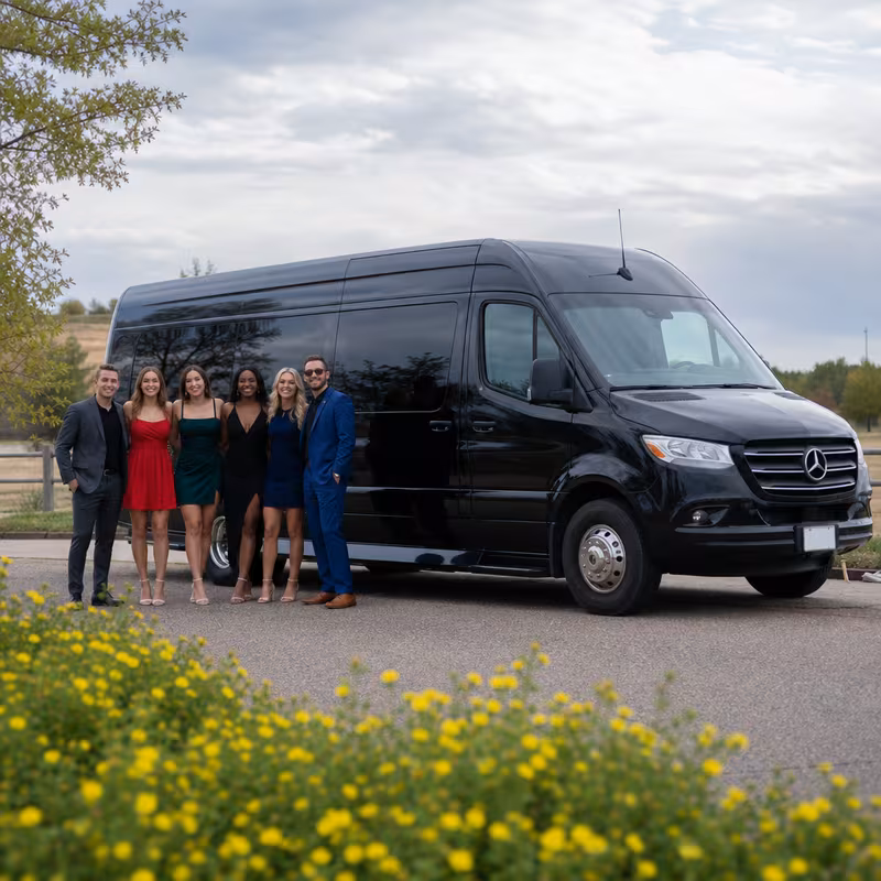 Group beside a Mercedes Sprinter limo from the Aurora fleet